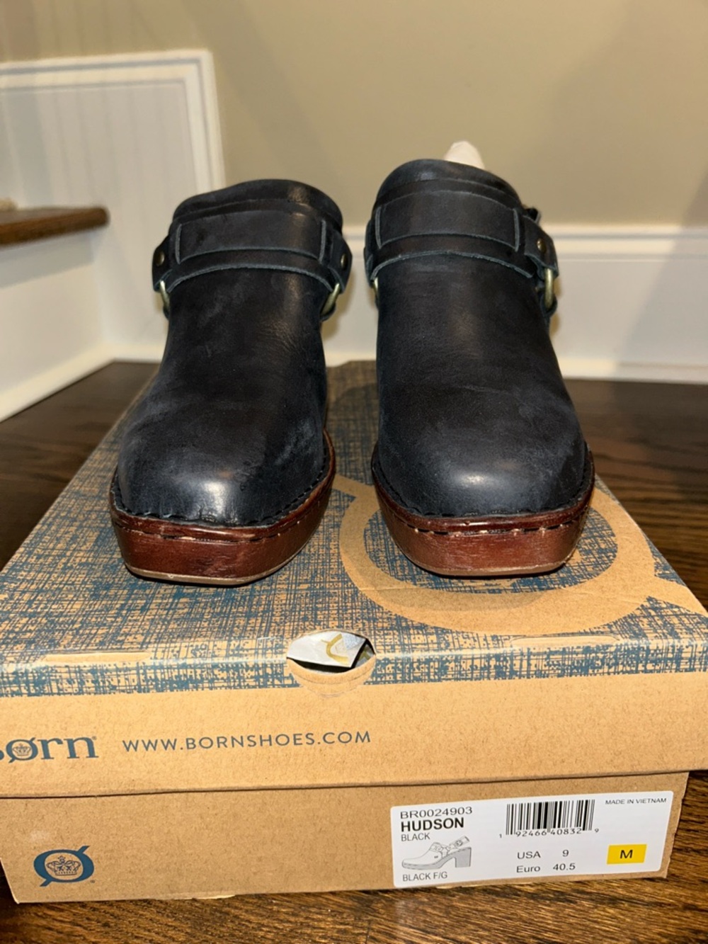 Born Black Leather Clog Mules with Brown Wood-Look Soles - Picture 2 of 7
